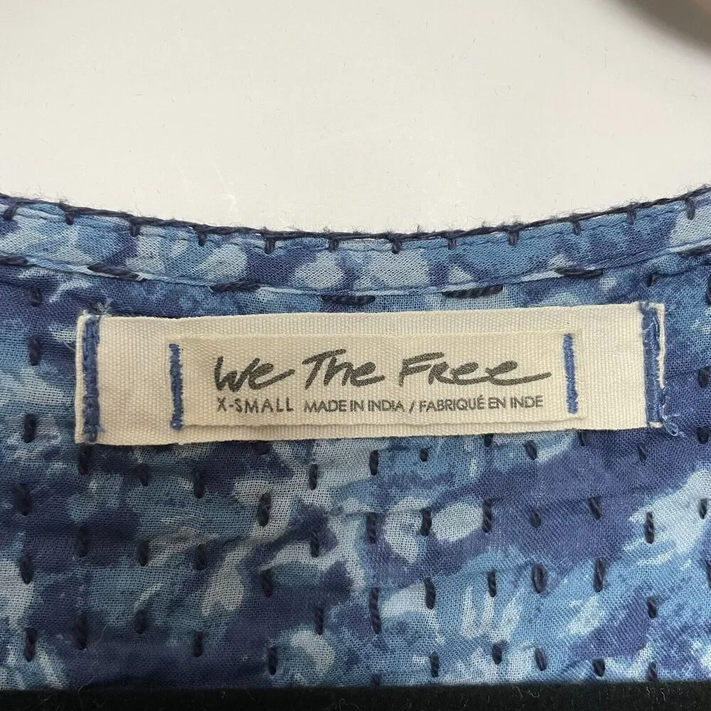 We The Free Free People XS Cool Meadow Blue Floral Cotton Embroidered Top Boho